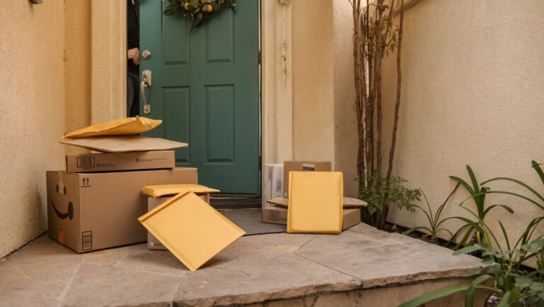 Delivery packages stacked at a front door, representing home shipping and material distribution.